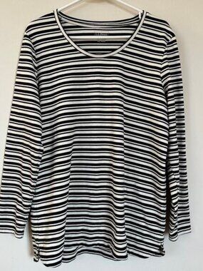 L.L. Bean Stripe T-Shirt Scoop Neck Long Sleeve Black White Women's XL